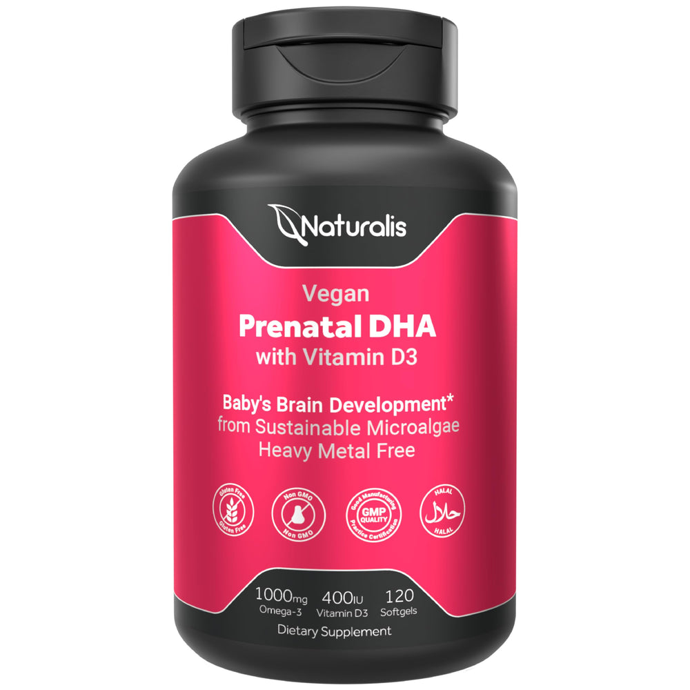 Naturalis Vegan Prenatal bottle shows omega-3 rich softgels for baby's development.