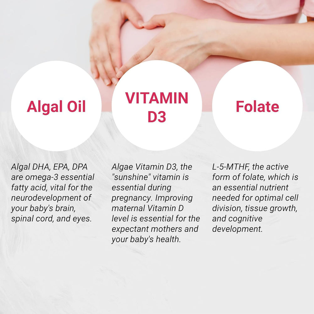 Naturalis Vegan Prenatal image highlights algae-based DHA, EPA, DPA spectrum.