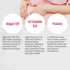 Naturalis Vegan Prenatal image highlights algae-based DHA, EPA, DPA spectrum.