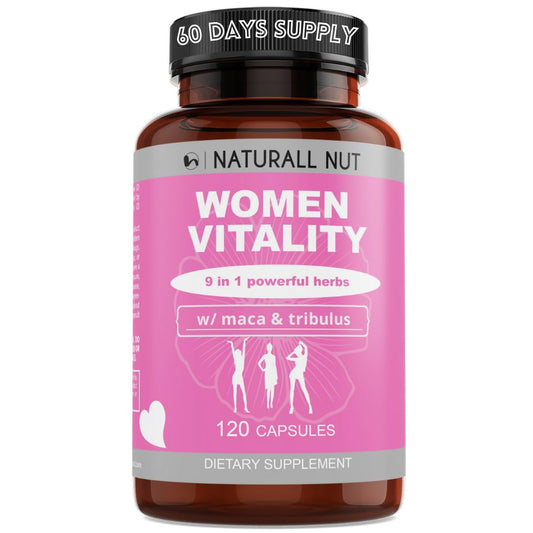 Naturall Nut Women Vitality bottle being poured, for daily energy support and mood balance.