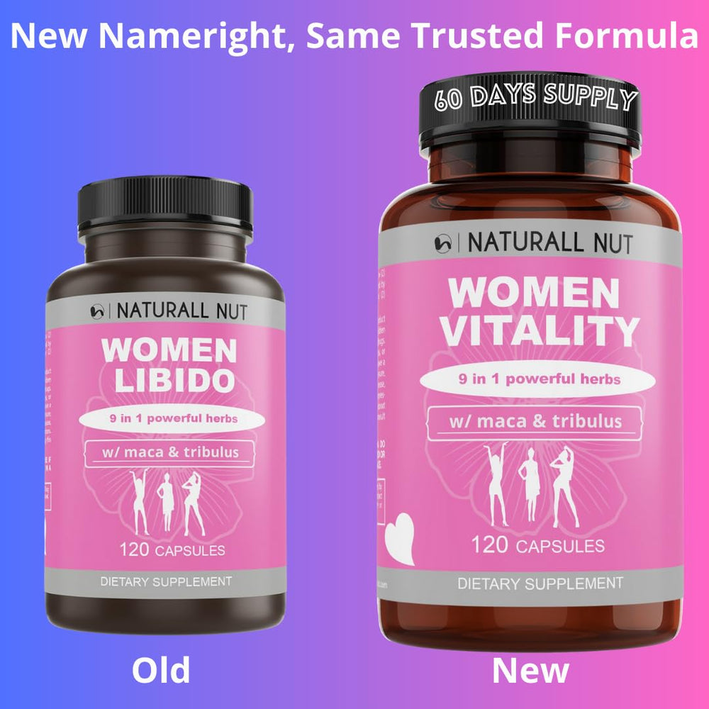 Naturall Nut Women Vitality capsules close-up, highlighting vegan plant-based formula.