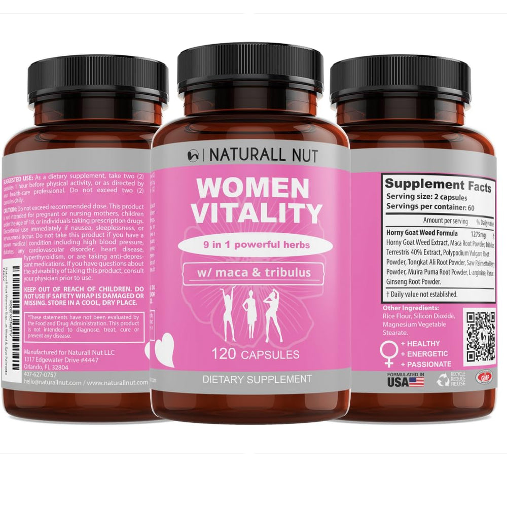 Naturall Nut Women Vitality herbal blend ingredients spread, suggesting everyday wellness support.