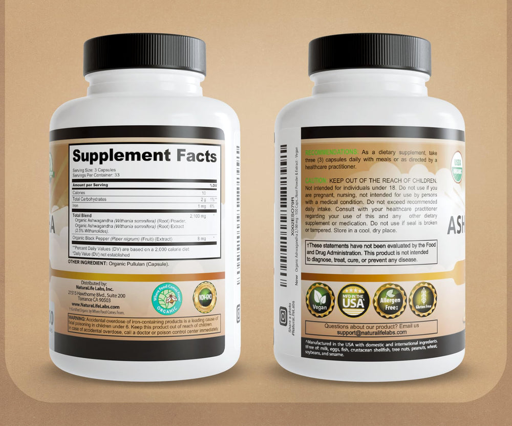 NaturaLife Labs Ashwagandha USDA organic certification seal visible.
