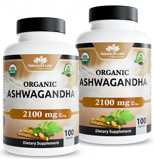 NaturaLife Labs Ashwagandha bottle front highlights organic certification and vegan formula.