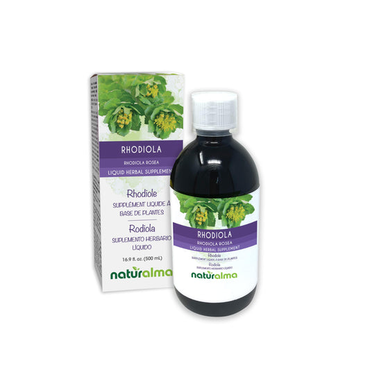 Naturalma Rhodiola rosea root liquid extract bottle front, alcohol-free and vegan.