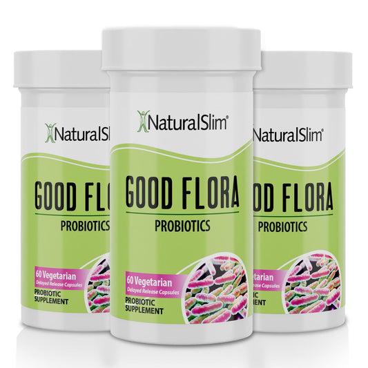 NaturalSlim Good Flora Probiotic bottle front, 60 vegetarian capsules for daily digestion.