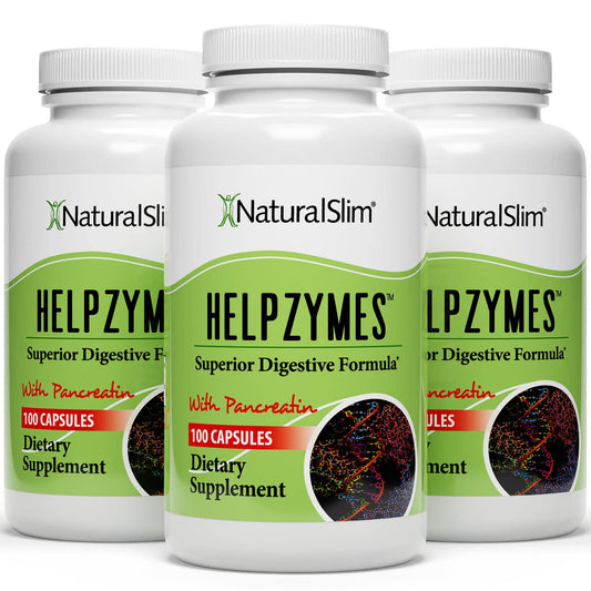 NaturalSlim Helpzymes bottle front showing reliable post-meal digestion support