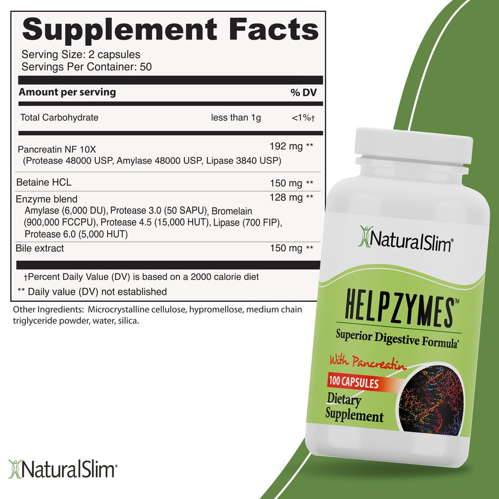 NaturalSlim Helpzymes capsules close-up, convenient for mealtime use.