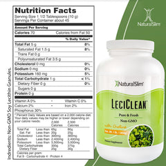 NaturalSlim LeciClean granules spoon highlights versatile topping for cereals and smoothies.