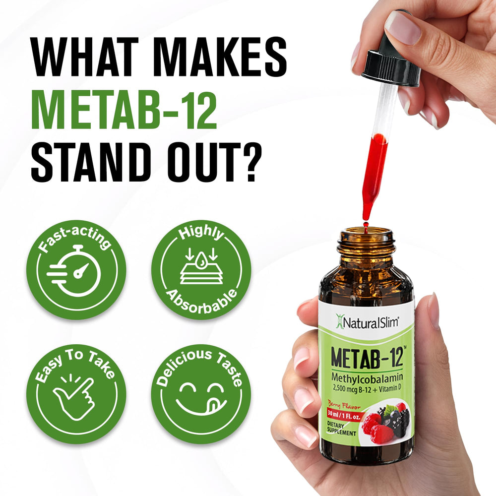 NaturalSlim liquid B12 with vitamin D label highlighting vegan, filler-free formula.