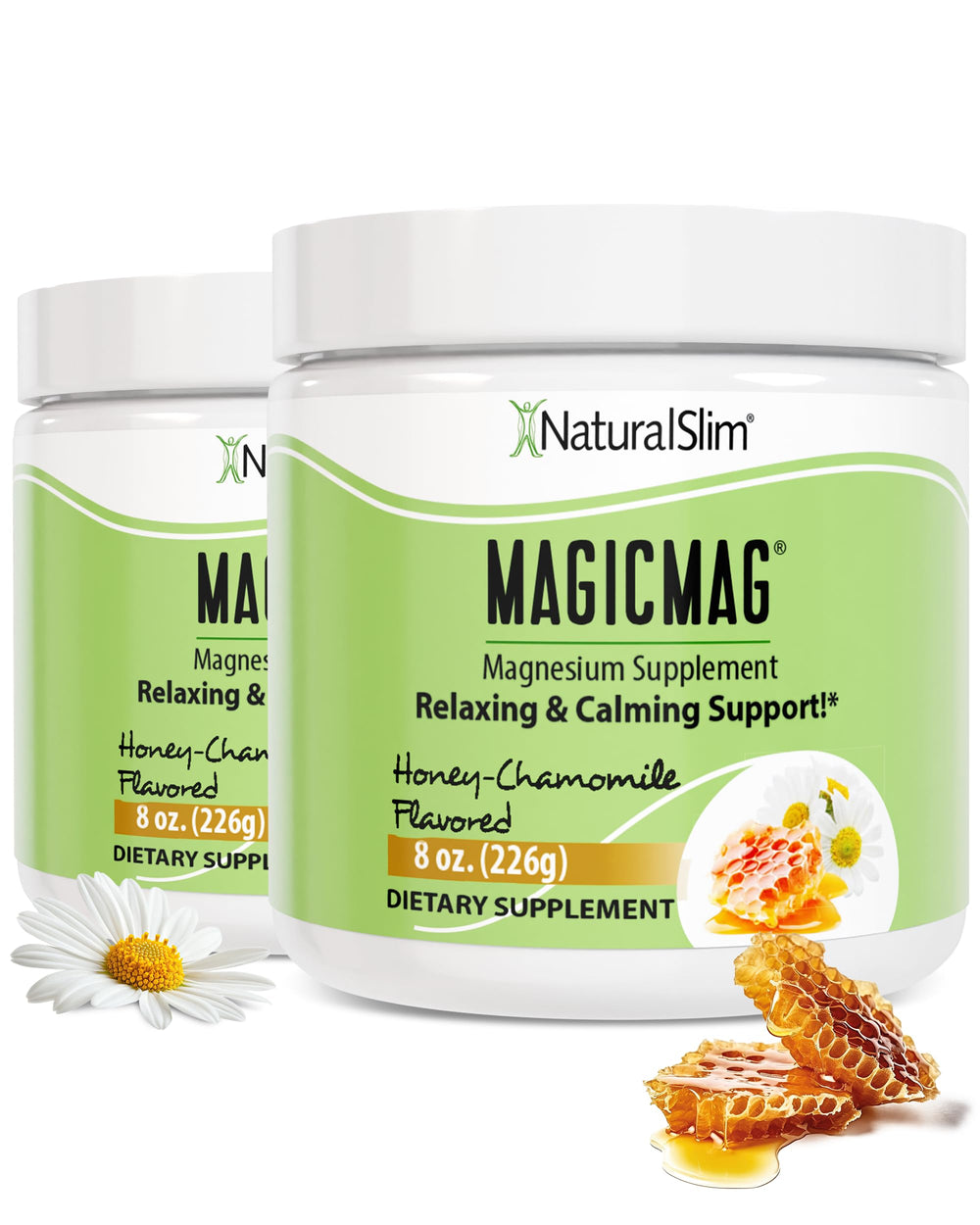 NaturalSlim MagicMag honey chamomile tub showcasing daily magnesium support and flavor.