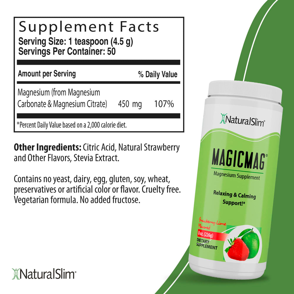 MagicMag shake in glass with strawberry lime flavor for easy supplementation.