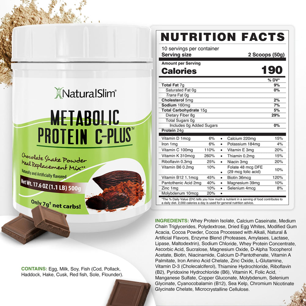 Close-up of NaturalSlim Metabolic Protein C-Plus label with vitamins highlight.