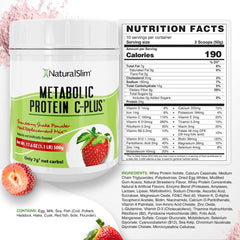 NaturalSlim Metabolic Protein C-Plus strawberry tub on kitchen counter