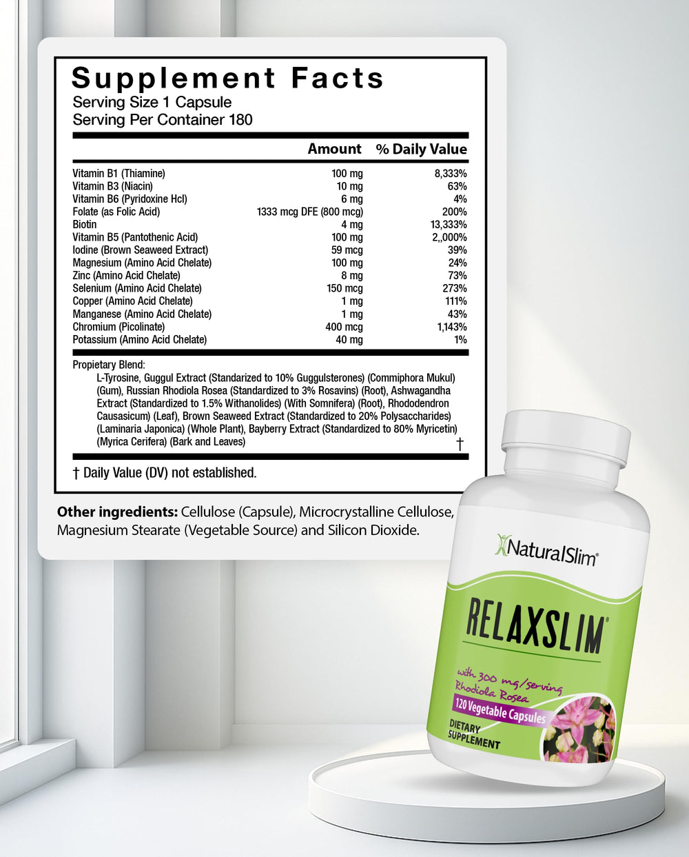 Front view of NaturalSlim Relaxslim bottle with label