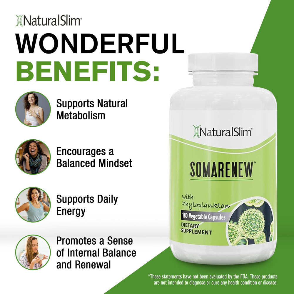 NaturalSlim Somarenew label details highlighting marine phytoplankton and fulvic acid for balanced nutrition.
