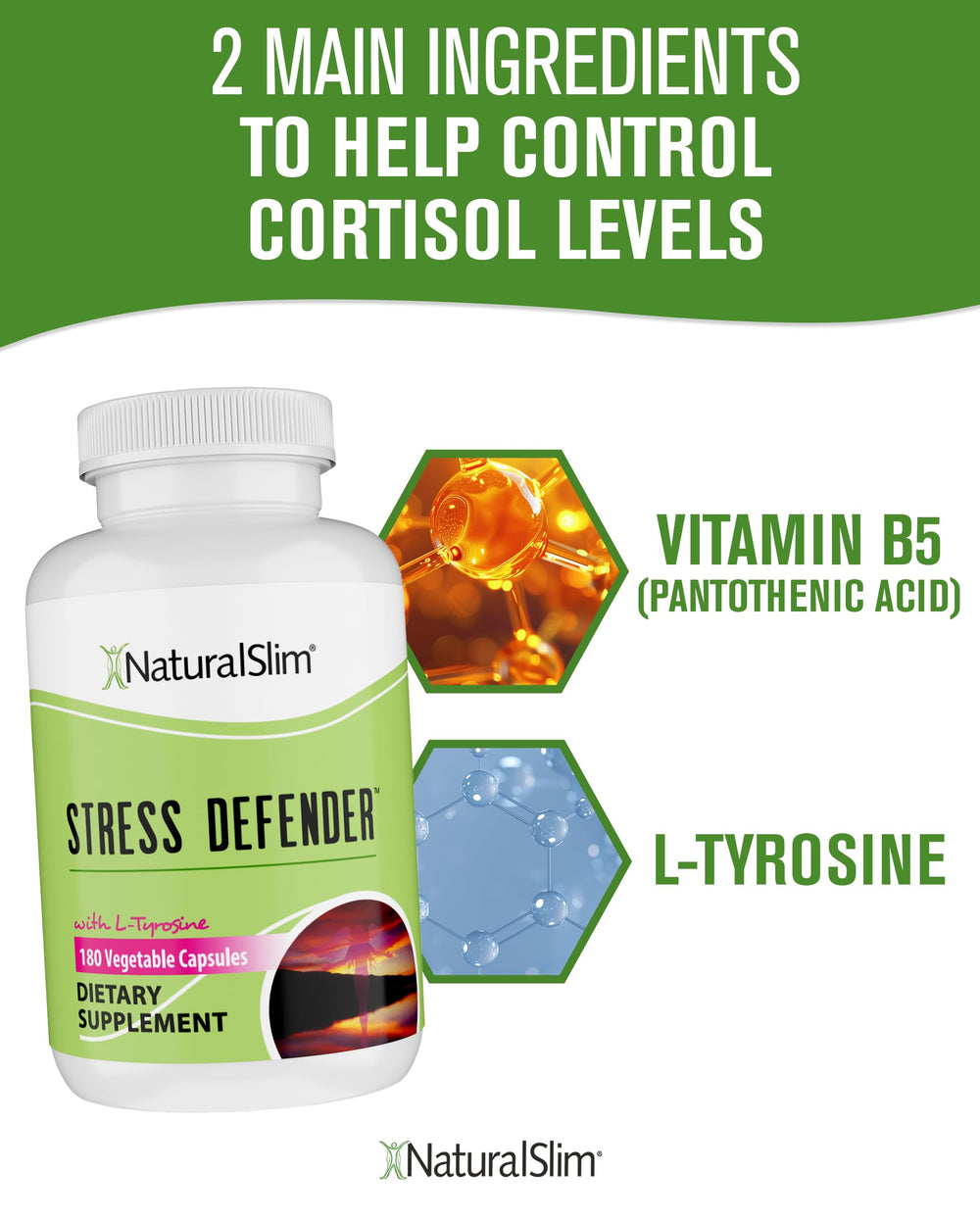 NaturalSlim Stress Defender label detail lists Vitamin B5 and L-Tyrosine for mood support.