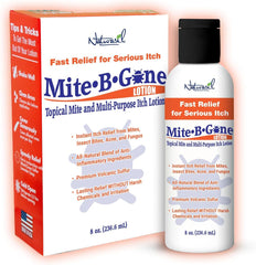 Naturasil Mite-B-Gone bottle-front shows branding for itch relief on skin