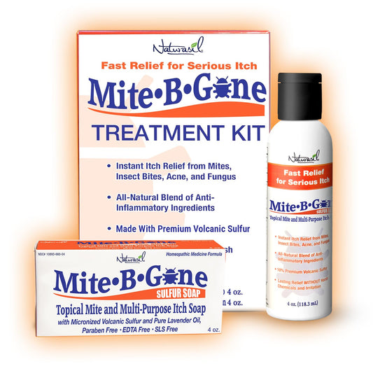 Naturasil Mite-B-Gone kit sulfur lotion bottle for soothing itch relief.