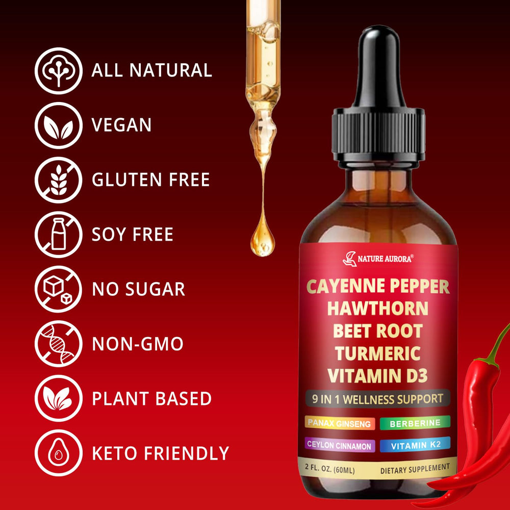 Nature Aurora vegan-friendly label on cayenne drops supports clean, plant-based use.