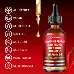 Nature Aurora vegan-friendly label on cayenne drops supports clean, plant-based use.