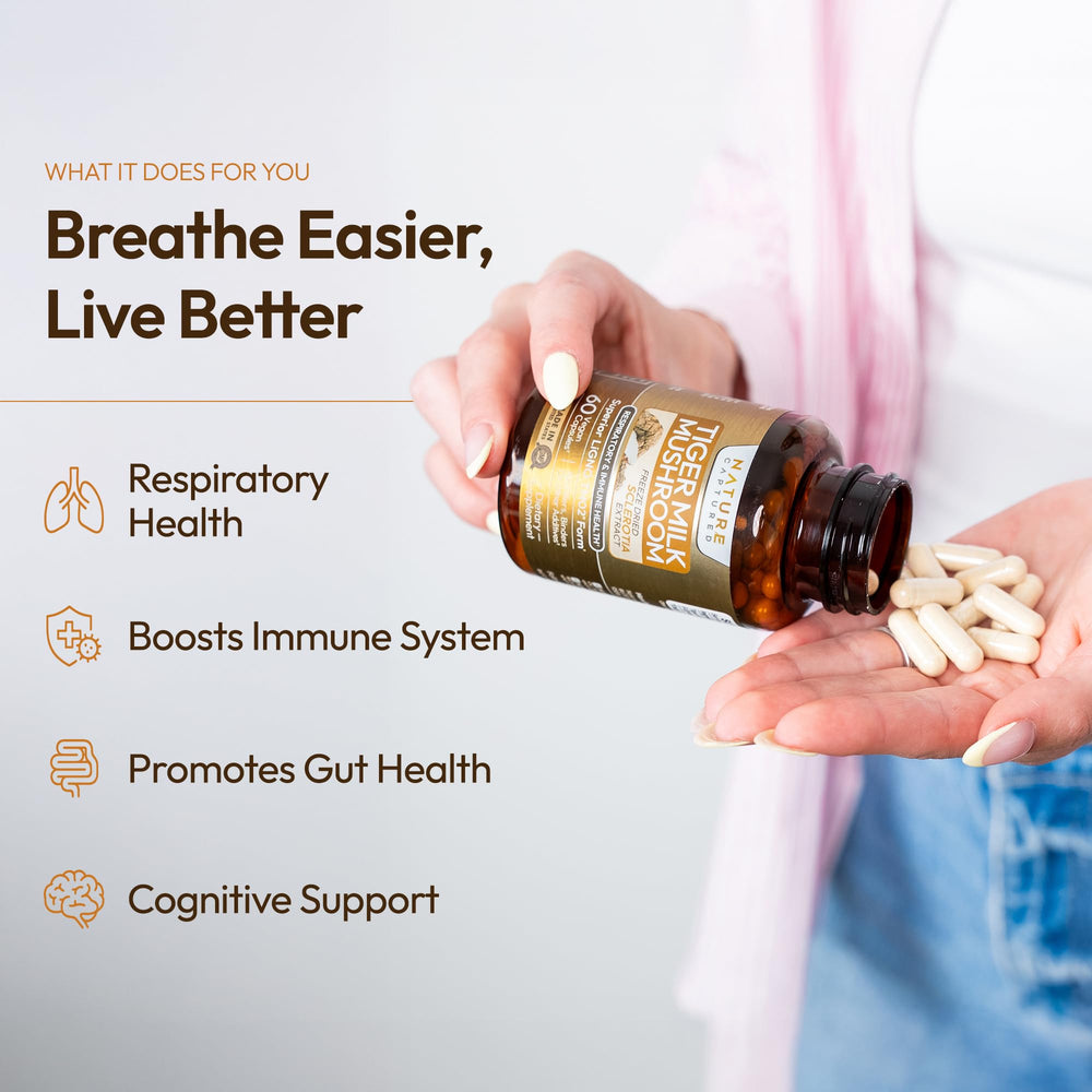 Nature Captured Tiger Milk Mushroom for gut balance and immune health.