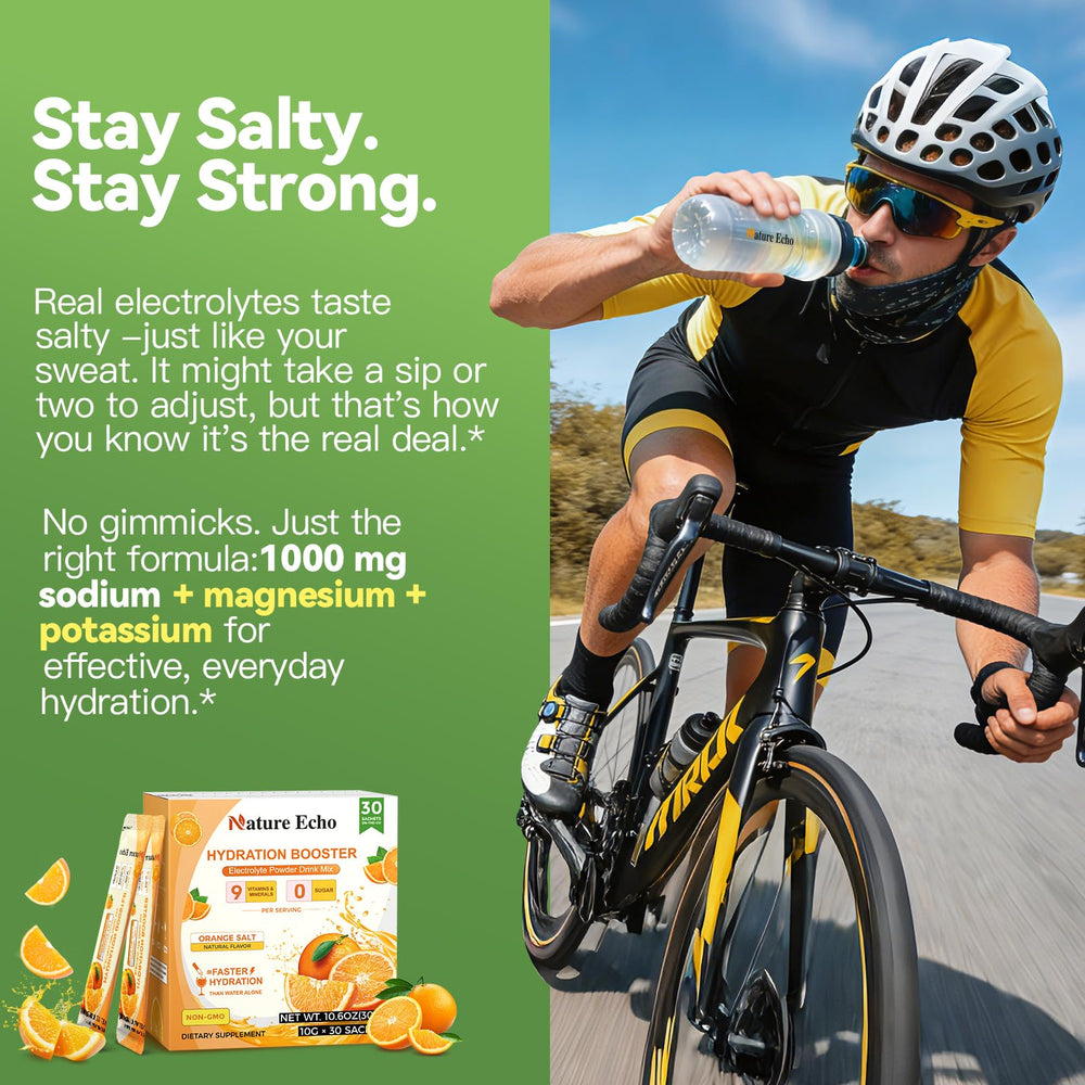 Nature Echo orange-salt electrolyte powder dissolves easily for flavor.