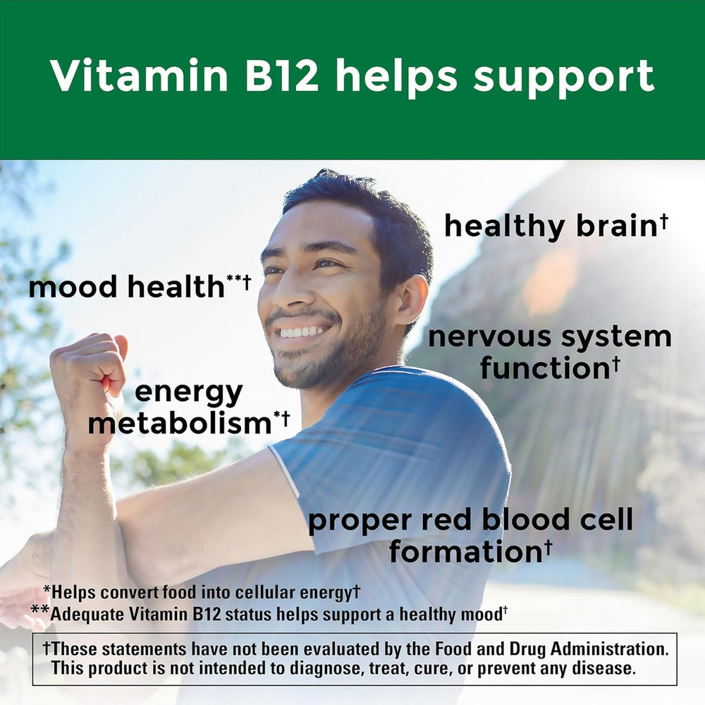 Nature Made Vitamin B-12 lozenge dissolving under the tongue for quick absorption.