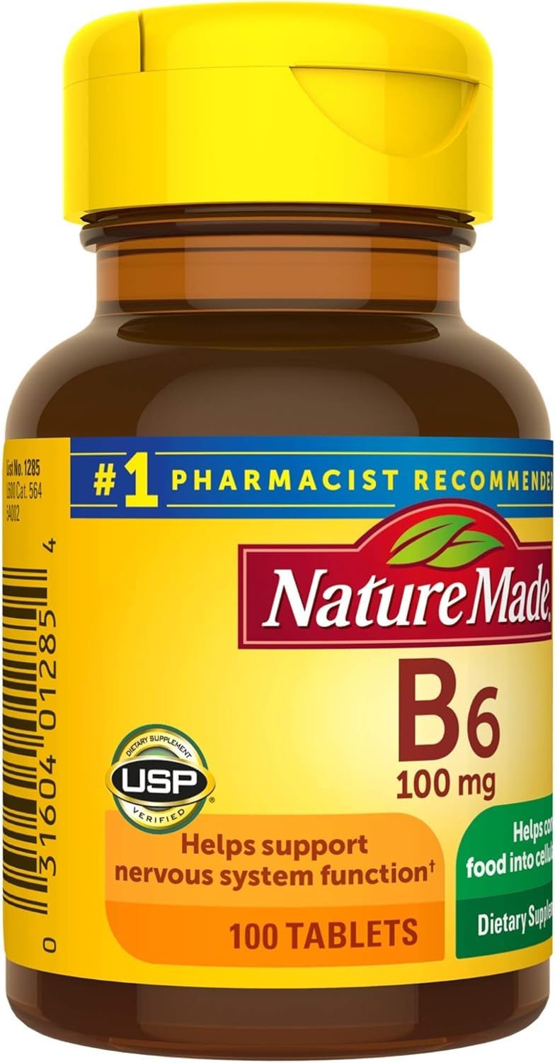 Nature Made B-6 100 mg bottle shows convenient one-a-day dosage