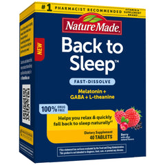 Nature Made Back to Sleep melatonin fast-dissolve berry tablet ready to dissolve without water.