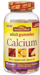 Nature Made Calcium Adult Gummies bottle front with colorful fruit flavors for daily use.