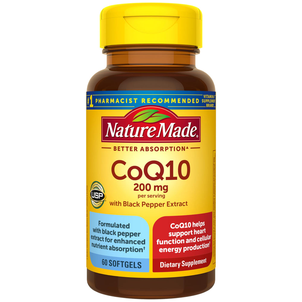 Nature Made CoQ10 200 mg softgels bottle for daily heart health support.