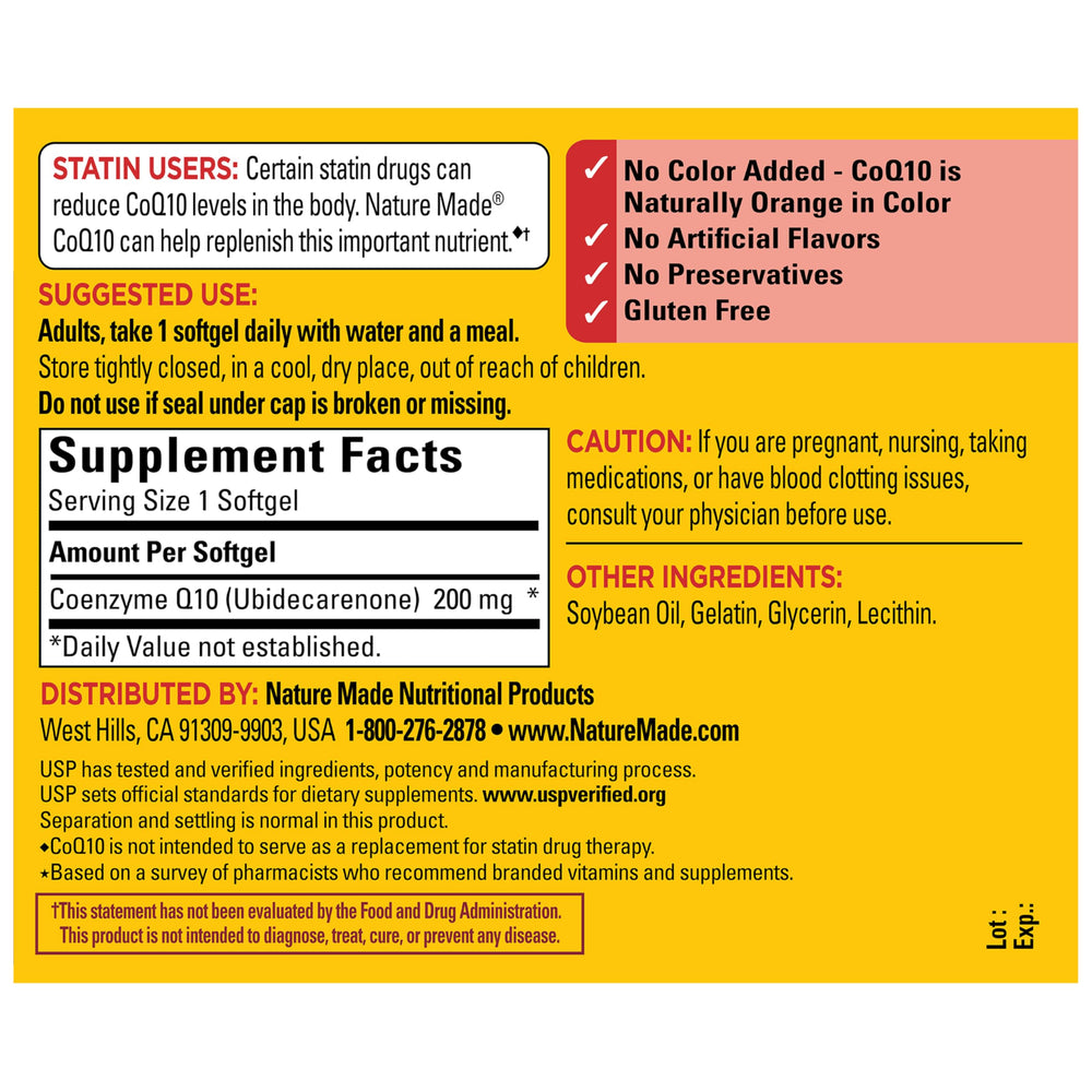 Nature Made CoQ10 200mg capsule detail closeup.