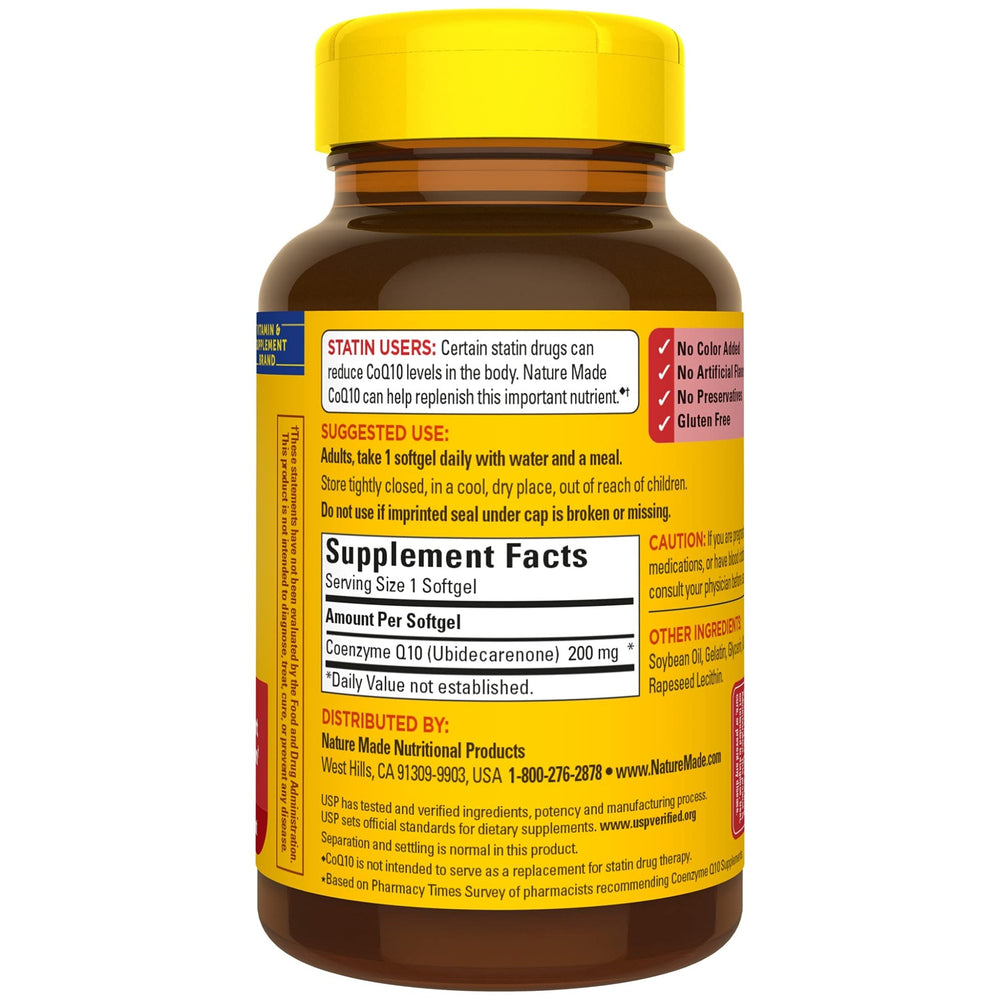 Nature Made CoQ10 200 mg softgels ingredient list shown