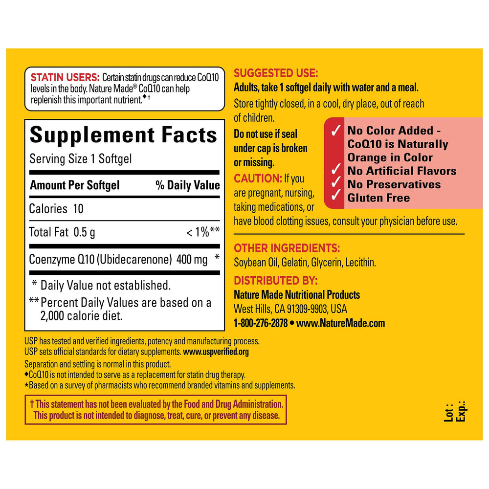 Ingredient panel on Nature Made CoQ10 400 mg softgels packaging