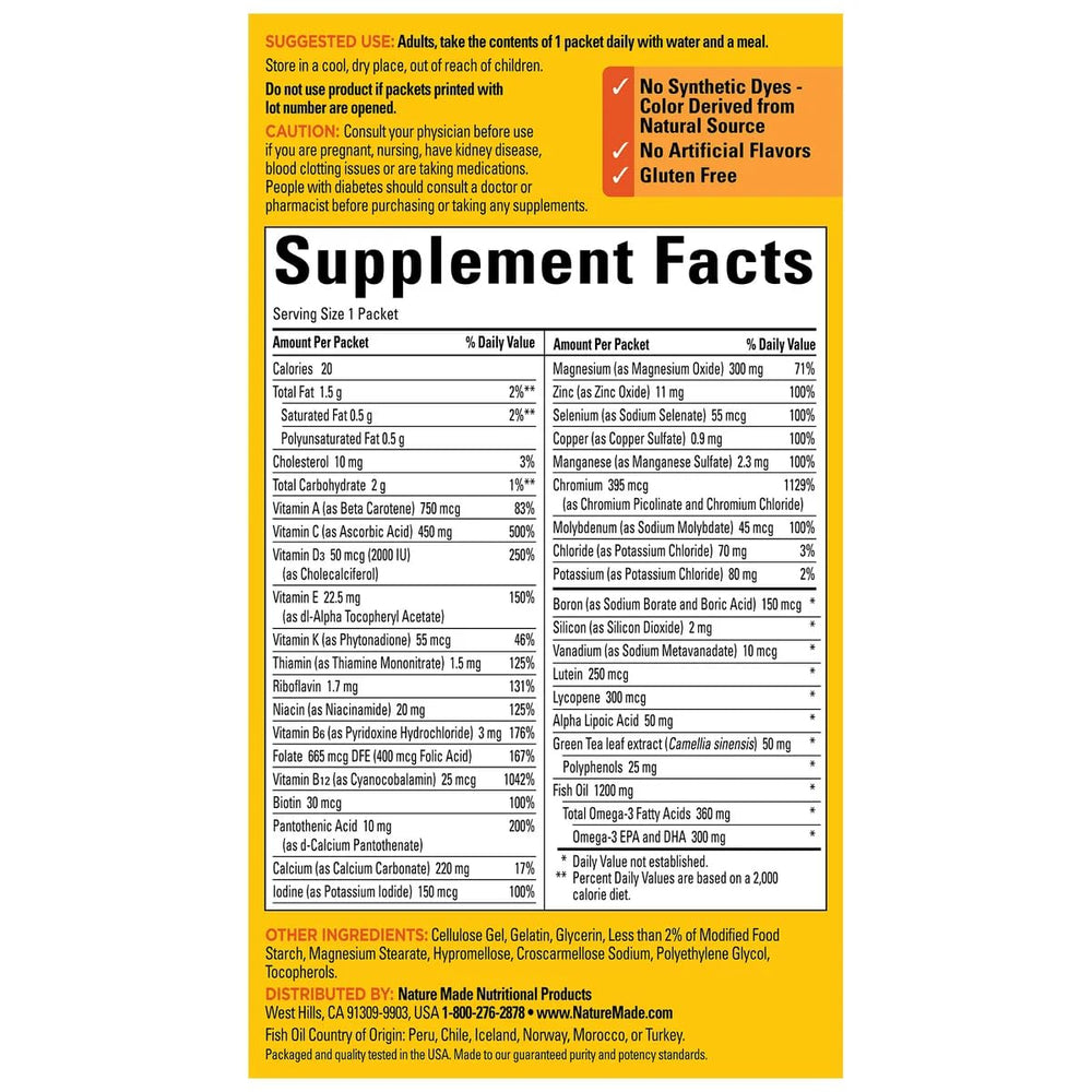 Nature Made Diabetes Health Pack packet closeup highlighting daily servings for tracking