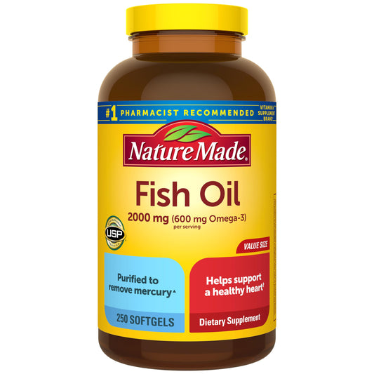 Nature Made Fish Oil softgel bottle for daily heart health support.