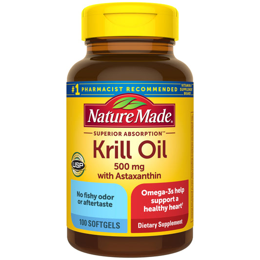 Nature Made Krill Oil 500mg bottle promoting convenient daily heart health support.