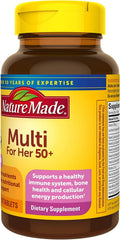 Nature Made Multi for Her 50+ packaging closeup highlights secure cap