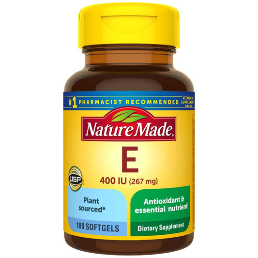 Nature Made Plant Sourced Vitamin E 267 mg bottle – convenient daily antioxidant support.
