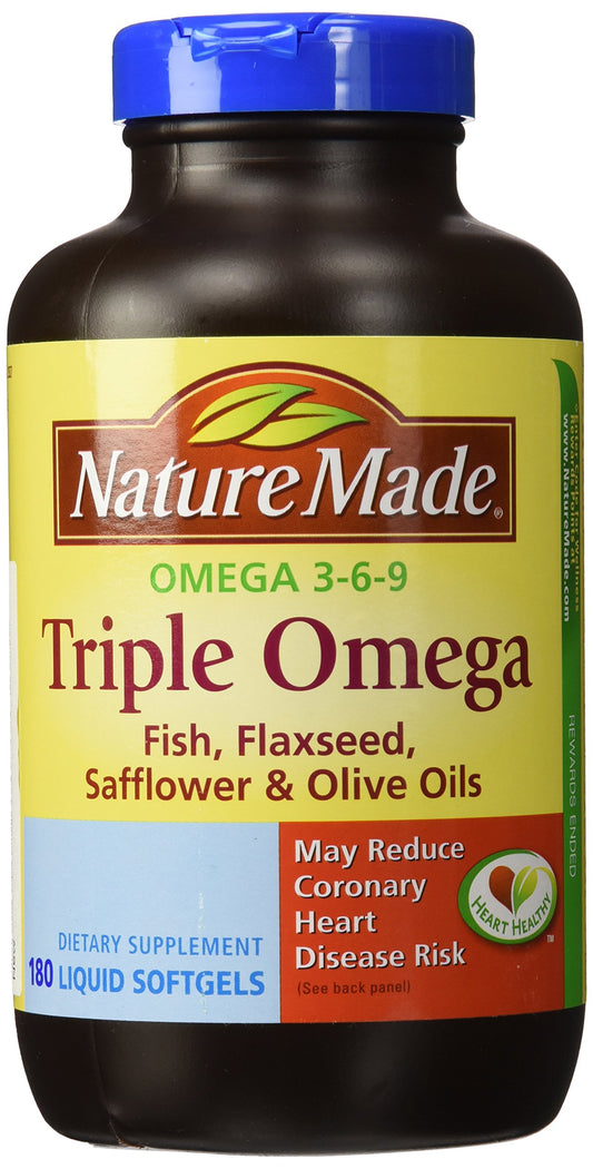 Nature Made triple omega 3 6 9 bottle pour for easy daily supplementation