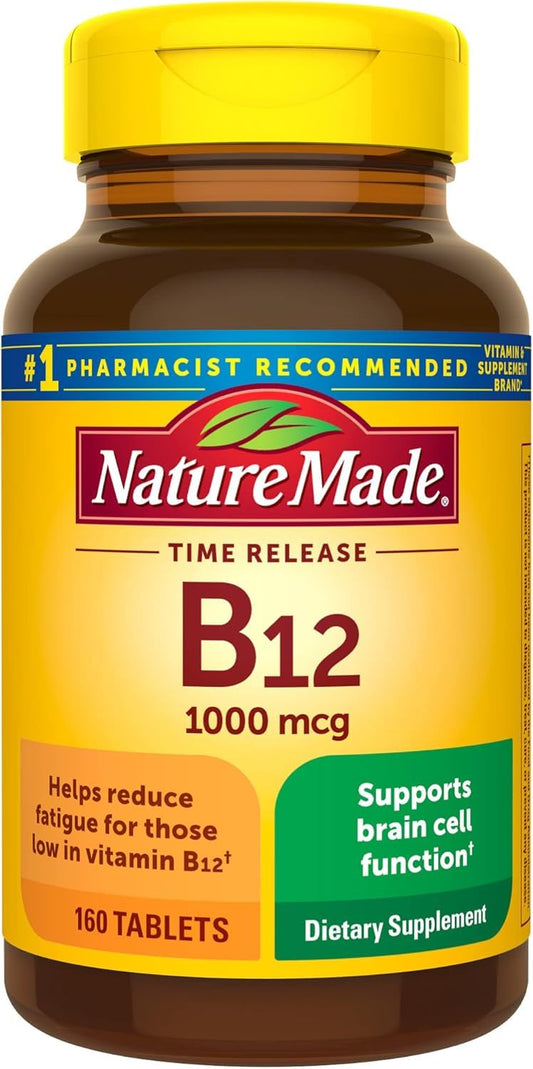 Nature Made Vitamin B-12 1000 mcg timed-release bottle supports steady daily supplementation.