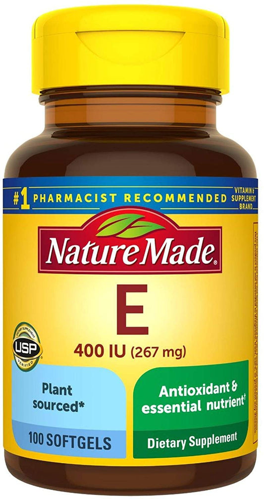 Nature Made Vitamin E 400 IU bottle front view highlighting plant-sourced softgels.