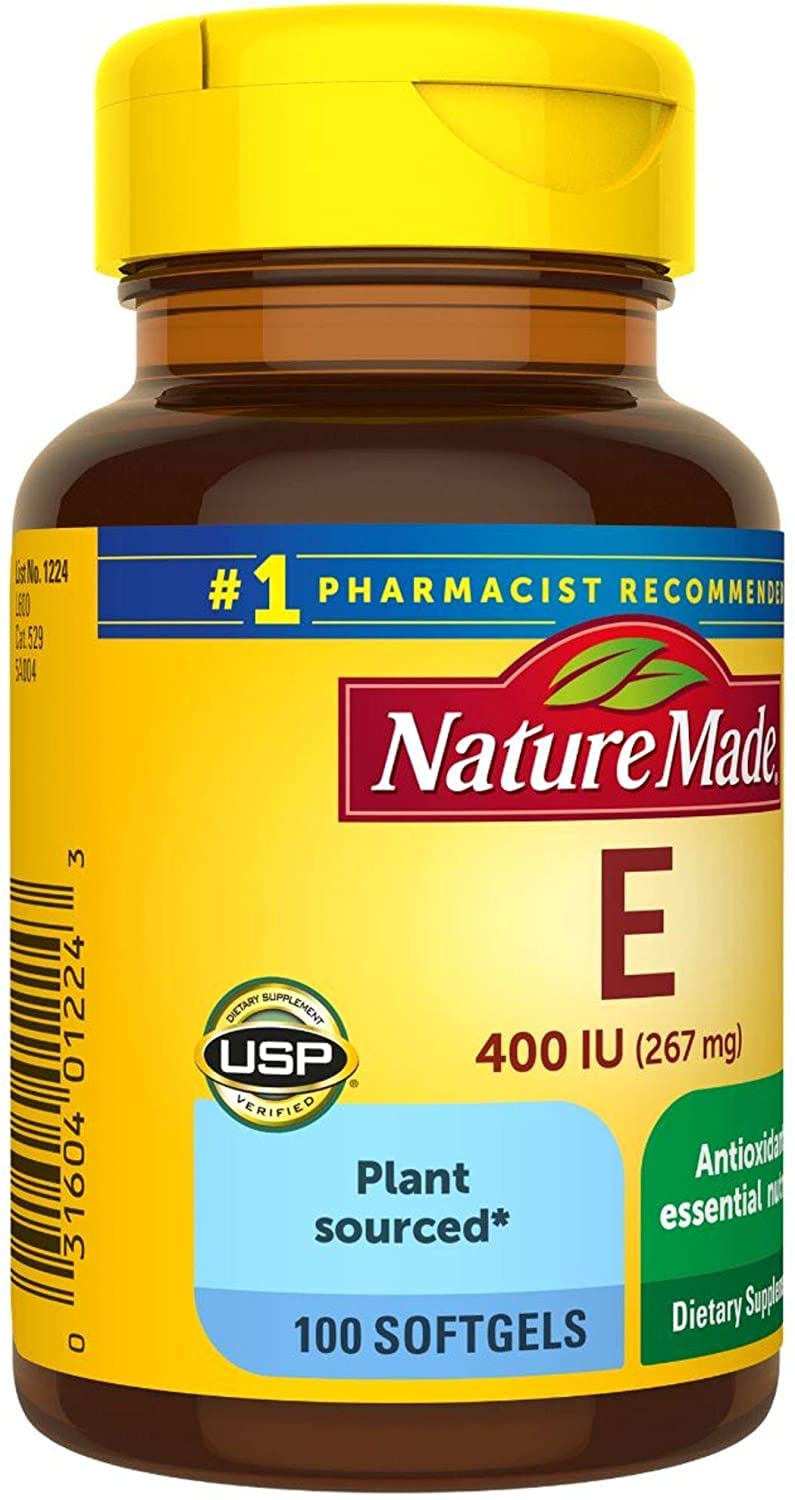 Nature Made Vitamin E 400 IU softgels label close-up showing d-Alpha content.