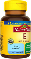 Nature Made Vitamin E 400 IU softgels label close-up showing d-Alpha content.