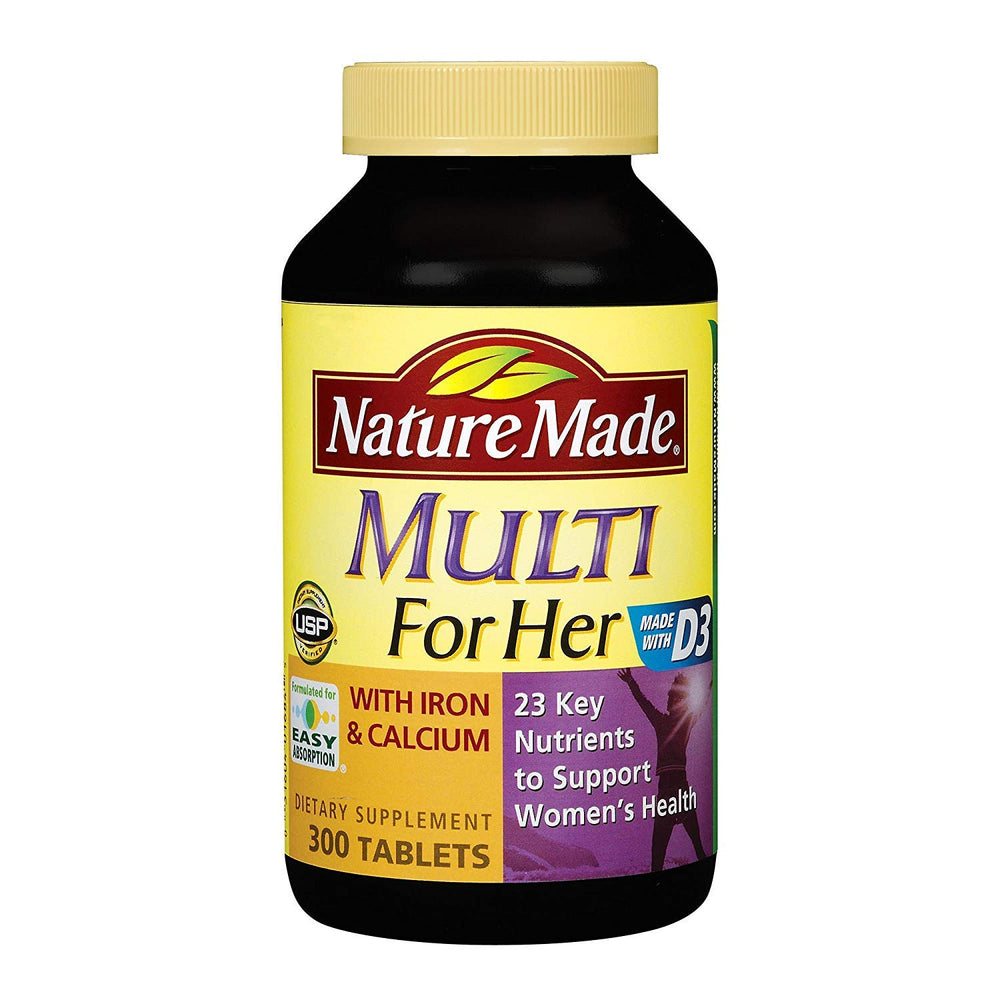 Nature Made women's multivitamin bottle with iron and calcium for daily wellness and bone support.