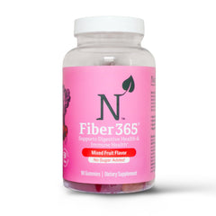 Nature M.D. Fiber 365 gummies bottle front showing mixed fruit flavor for daily gut support.