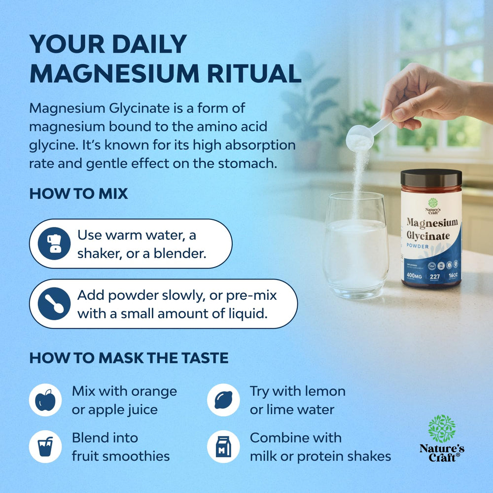 Nature's Craft Potent Magnesium Glycinate Powder calm sleep scene for restful evenings.