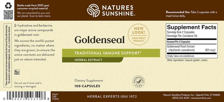 Ingredients list graphic illustrates alkaloids like hydrastine and berberine.
