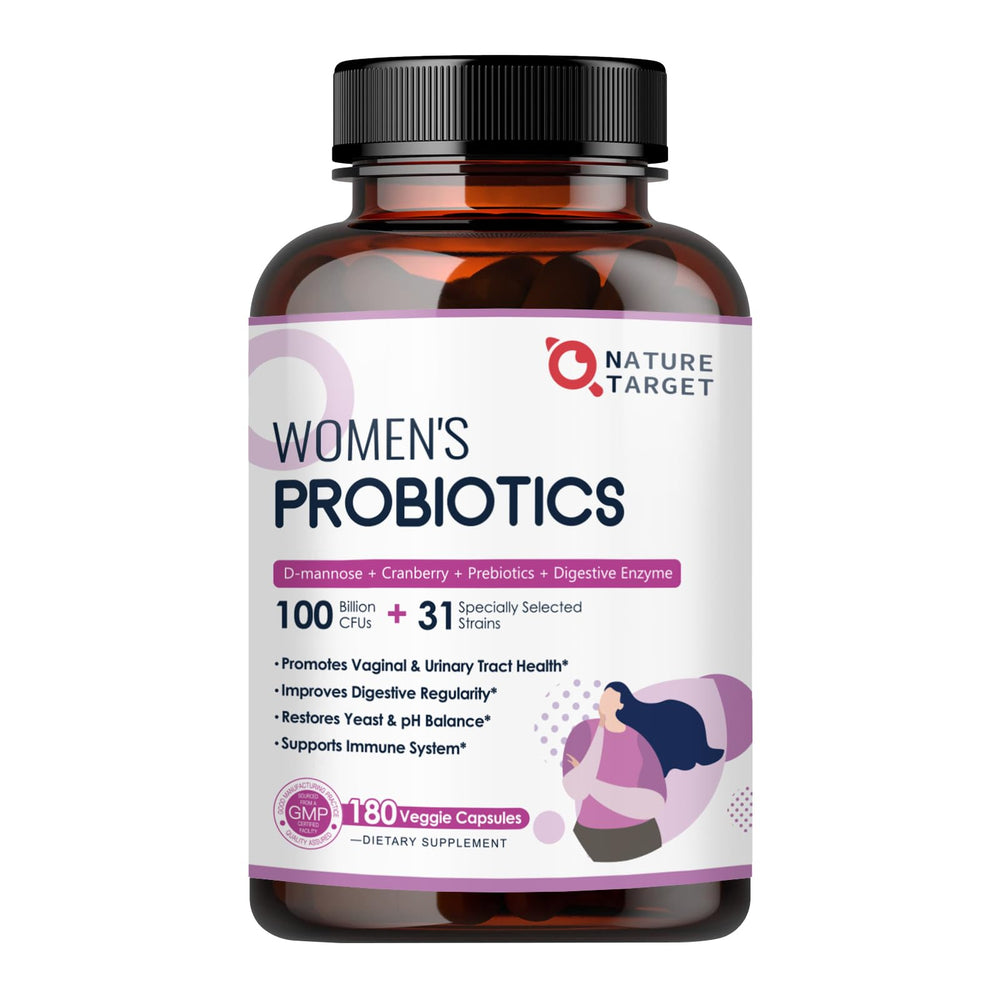 Nature Target Probiotics for Women bottle showing 100B CFU strength for gut balance